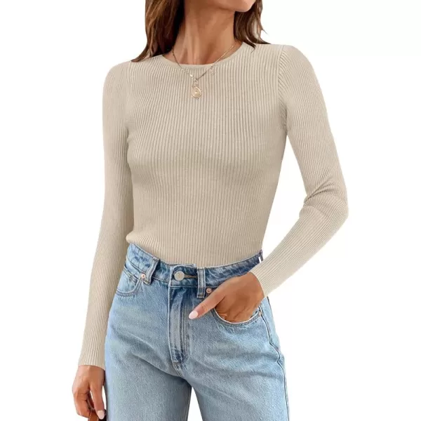 ZESICA Womens Long Sleeve Crewneck Shirts 2024 Fall Knit Sweater Slim Fitted Casual Basic Tee TopsAlmond