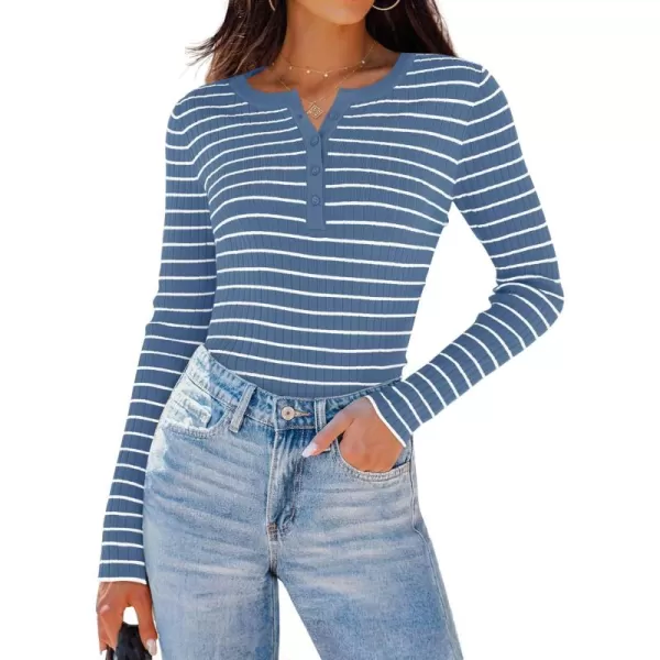 ZESICA Womens Long Sleeve Striped Shirts V Neck Button Up Sweater Casual Loose Basic Tops 2024 Trendy Fall ClothesBlue