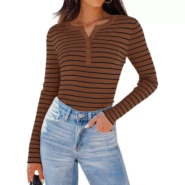 ZESICA Womens Long Sleeve Striped Shirts V Neck Button Up Sweater Casual Loose Basic Tops 2024 Trendy Fall ClothesBrown