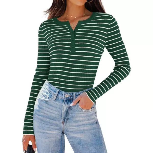ZESICA Womens Long Sleeve Striped Shirts V Neck Button Up Sweater Casual Loose Basic Tops 2024 Trendy Fall ClothesGreen