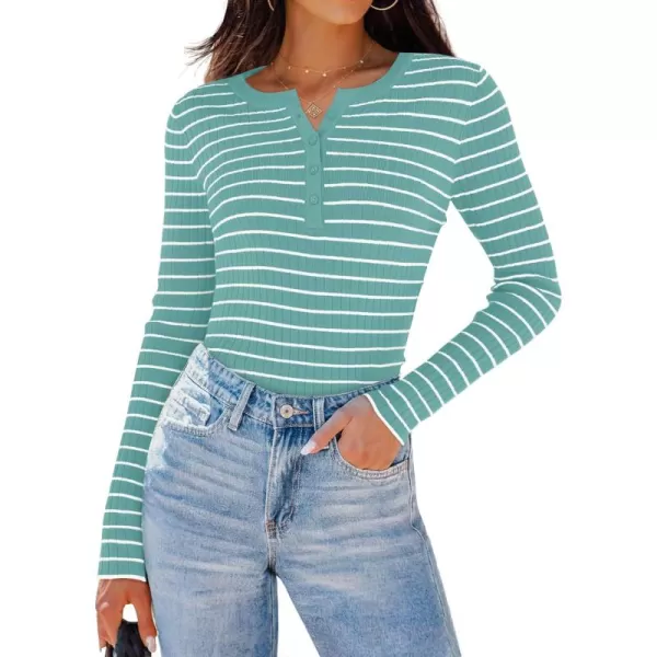 ZESICA Womens Long Sleeve Striped Shirts V Neck Button Up Sweater Casual Loose Basic Tops 2024 Trendy Fall ClothesMint