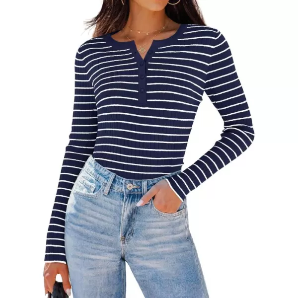 ZESICA Womens Long Sleeve Striped Shirts V Neck Button Up Sweater Casual Loose Basic Tops 2024 Trendy Fall ClothesNavy