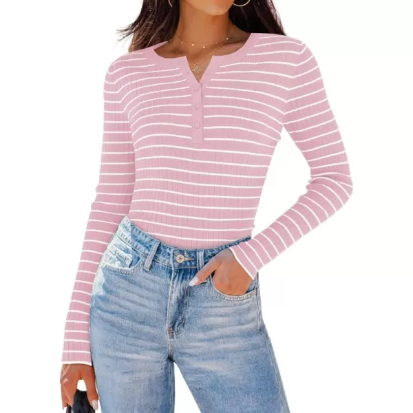 ZESICA Womens Long Sleeve Striped Shirts V Neck Button Up Sweater Casual Loose Basic Tops 2024 Trendy Fall ClothesPink