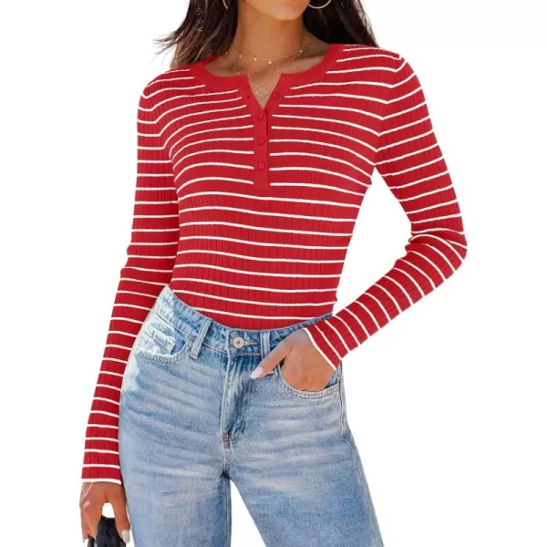 ZESICA Womens Long Sleeve Striped Shirts V Neck Button Up Sweater Casual Loose Basic Tops 2024 Trendy Fall ClothesRed