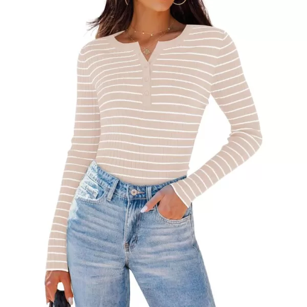 ZESICA Womens Long Sleeve Striped Shirts V Neck Button Up Sweater Casual Loose Basic Tops 2024 Trendy Fall ClothesSand