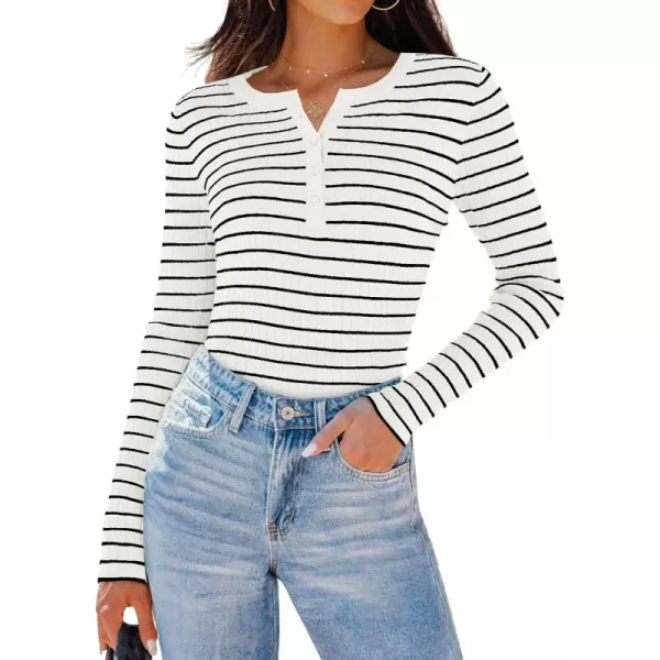 ZESICA Womens Long Sleeve Striped Shirts V Neck Button Up Sweater Casual Loose Basic Tops 2024 Trendy Fall ClothesWhite