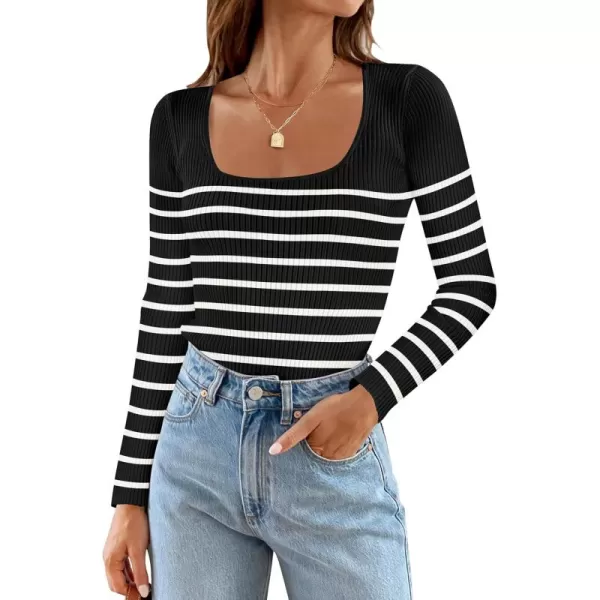 ZESICA Womens Ribbed Long Sleeve Sweater Square Neck Knit Tops 2024 Fall Casual Striped PulloverBlack