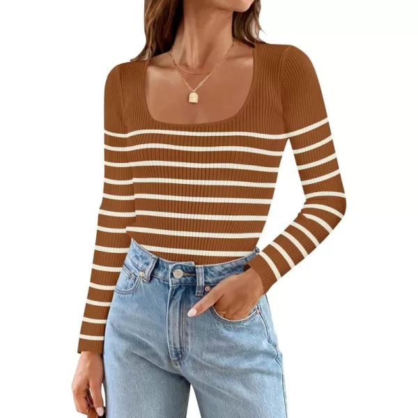 ZESICA Womens Ribbed Long Sleeve Sweater Square Neck Knit Tops 2024 Fall Casual Striped PulloverBrown