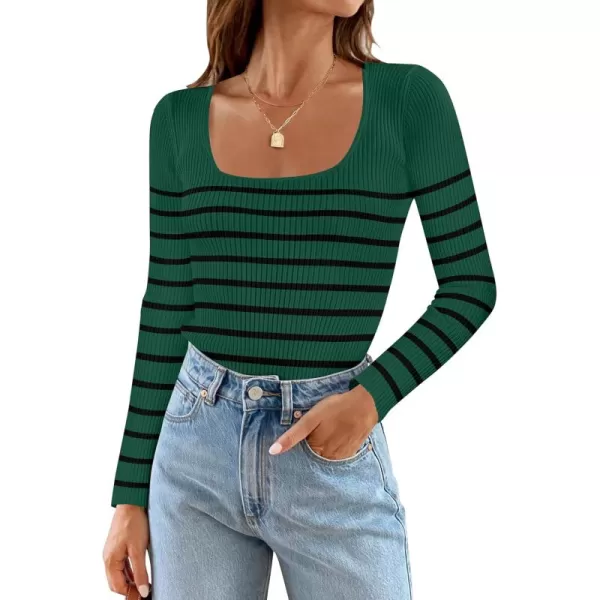 ZESICA Womens Ribbed Long Sleeve Sweater Square Neck Knit Tops 2024 Fall Casual Striped PulloverDark Green