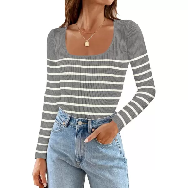 ZESICA Womens Ribbed Long Sleeve Sweater Square Neck Knit Tops 2024 Fall Casual Striped PulloverGrey
