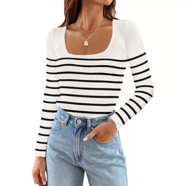 ZESICA Womens Ribbed Long Sleeve Sweater Square Neck Knit Tops 2024 Fall Casual Striped PulloverWhite