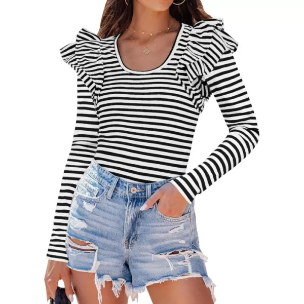 ZESICA Womens Ruffle Long Sleeve Scoop Neck Shirt Striped Slim Fitted Casual Basic Tee Tops 2024 Trendy Fall ClothesBlack