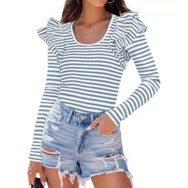 ZESICA Womens Ruffle Long Sleeve Scoop Neck Shirt Striped Slim Fitted Casual Basic Tee Tops 2024 Trendy Fall ClothesDustyblue