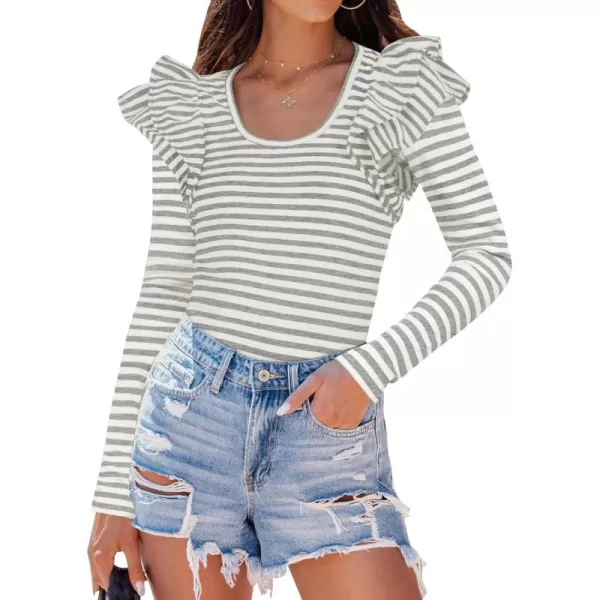 ZESICA Womens Ruffle Long Sleeve Scoop Neck Shirt Striped Slim Fitted Casual Basic Tee Tops 2024 Trendy Fall ClothesGray