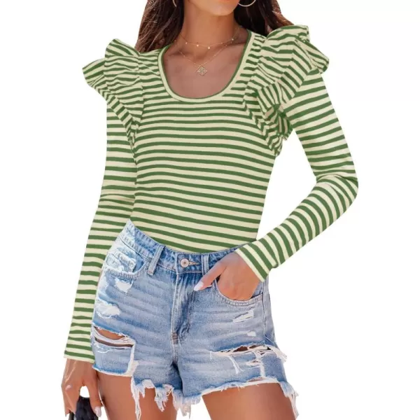 ZESICA Womens Ruffle Long Sleeve Scoop Neck Shirt Striped Slim Fitted Casual Basic Tee Tops 2024 Trendy Fall ClothesGreen