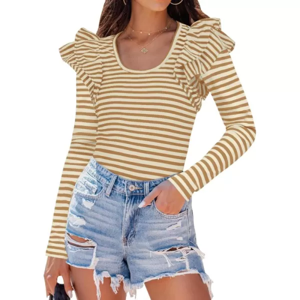 ZESICA Womens Ruffle Long Sleeve Scoop Neck Shirt Striped Slim Fitted Casual Basic Tee Tops 2024 Trendy Fall ClothesKhaki
