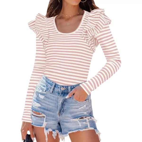 ZESICA Womens Ruffle Long Sleeve Scoop Neck Shirt Striped Slim Fitted Casual Basic Tee Tops 2024 Trendy Fall ClothesPink