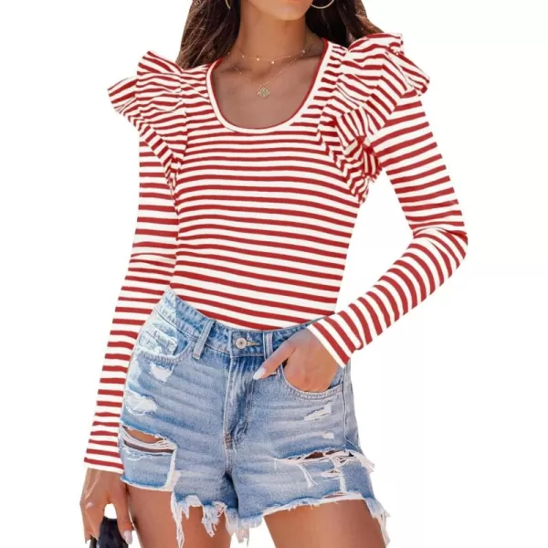 ZESICA Womens Ruffle Long Sleeve Scoop Neck Shirt Striped Slim Fitted Casual Basic Tee Tops 2024 Trendy Fall ClothesRed
