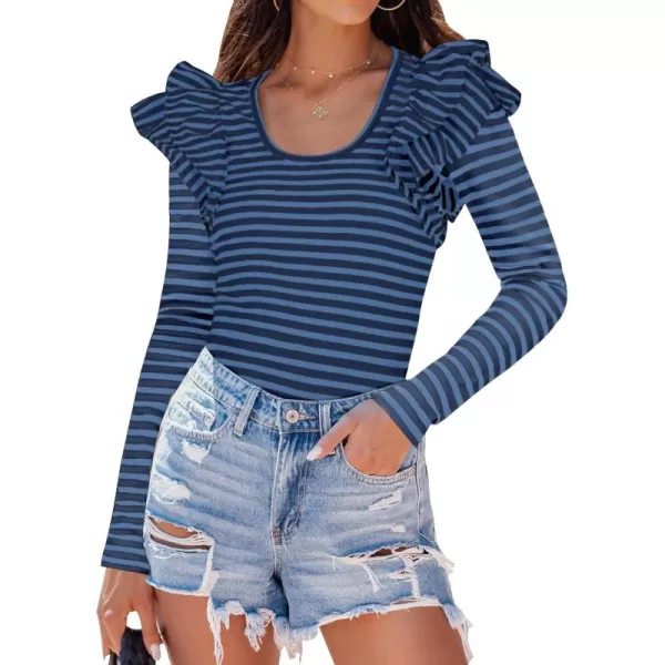 ZESICA Womens Ruffle Long Sleeve Scoop Neck Shirt Striped Slim Fitted Casual Basic Tee Tops 2024 Trendy Fall ClothesStripeblue