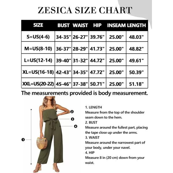 ZESICA Womens 2024 Casual Off Shoulder Solid Color Strapless Belted Wide Leg Jumpsuit RomperArmy Green