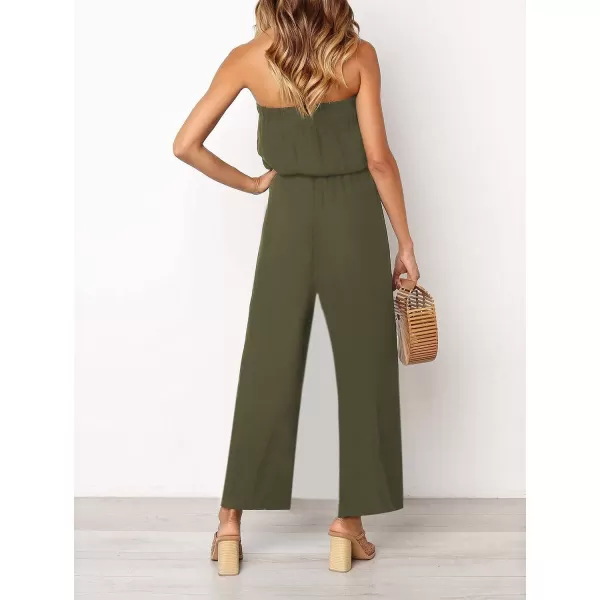 ZESICA Womens 2024 Casual Off Shoulder Solid Color Strapless Belted Wide Leg Jumpsuit RomperArmy Green
