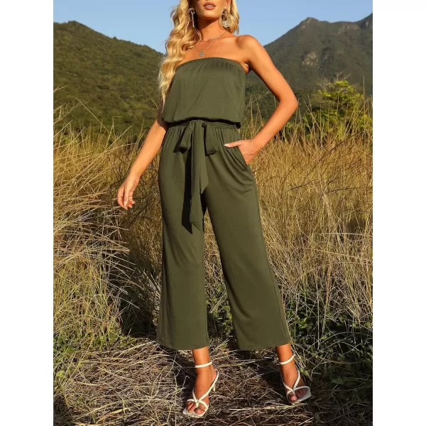 ZESICA Womens 2024 Casual Off Shoulder Solid Color Strapless Belted Wide Leg Jumpsuit RomperArmy Green