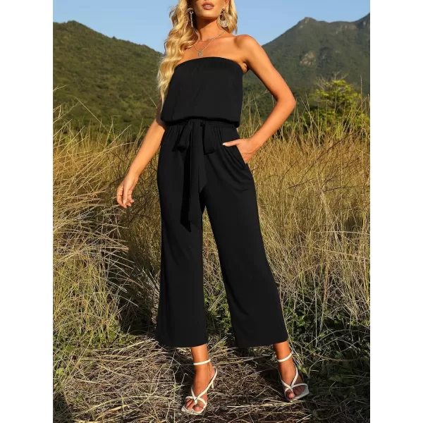 ZESICA Womens 2024 Casual Off Shoulder Solid Color Strapless Belted Wide Leg Jumpsuit RomperBlack