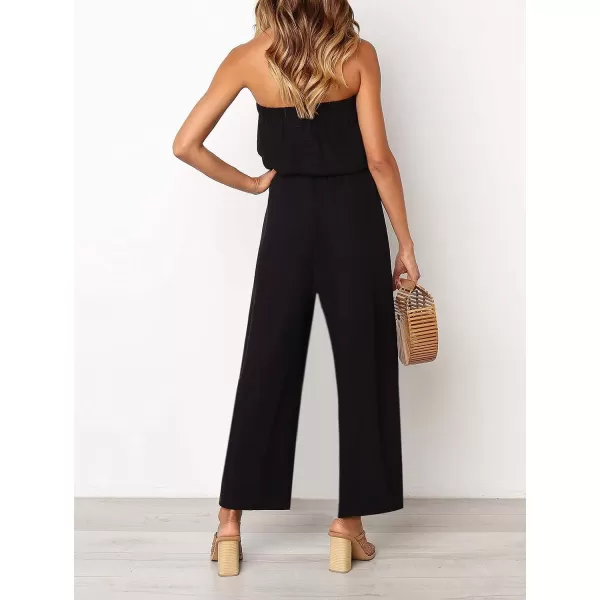 ZESICA Womens 2024 Casual Off Shoulder Solid Color Strapless Belted Wide Leg Jumpsuit RomperBlack
