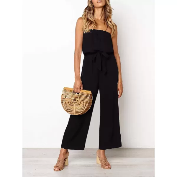 ZESICA Womens 2024 Casual Off Shoulder Solid Color Strapless Belted Wide Leg Jumpsuit RomperBlack