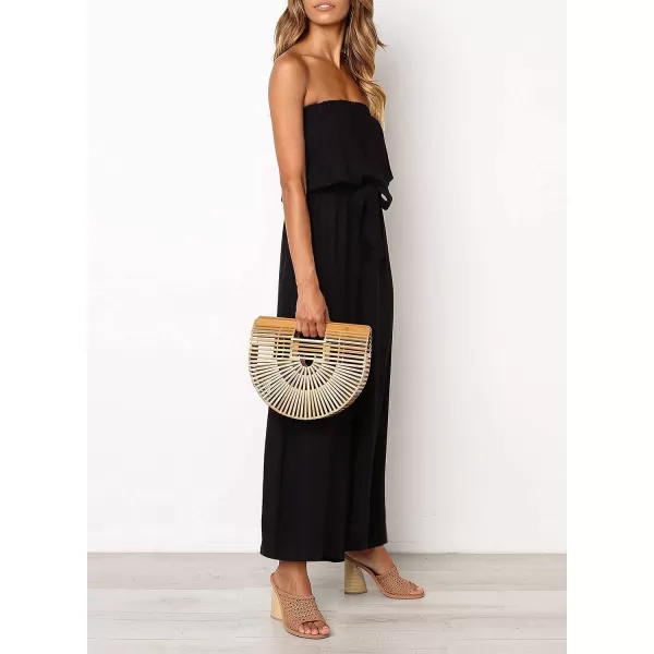 ZESICA Womens 2024 Casual Off Shoulder Solid Color Strapless Belted Wide Leg Jumpsuit RomperBlack
