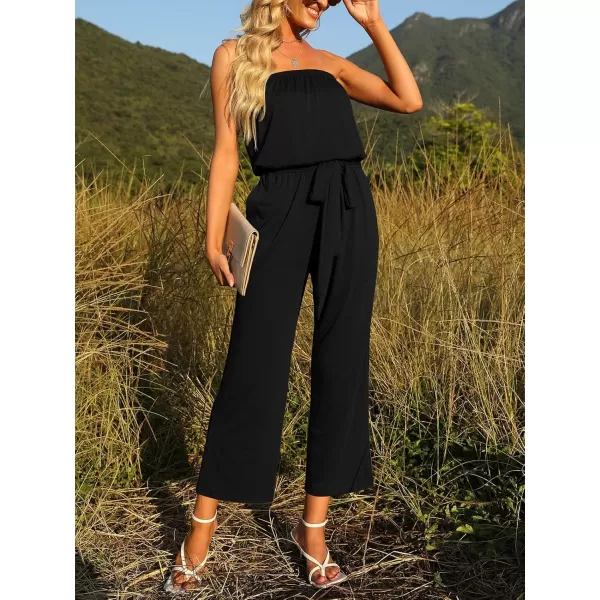 ZESICA Womens 2024 Casual Off Shoulder Solid Color Strapless Belted Wide Leg Jumpsuit RomperBlack