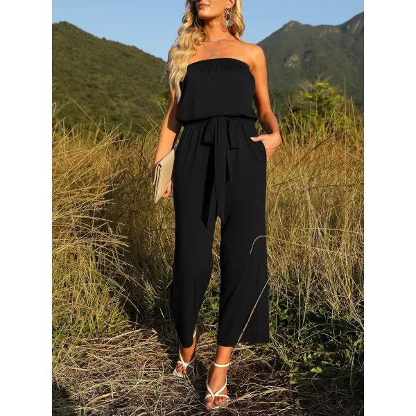 ZESICA Womens 2024 Casual Off Shoulder Solid Color Strapless Belted Wide Leg Jumpsuit RomperBlack