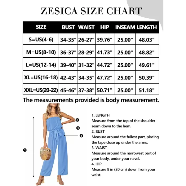 ZESICA Womens 2024 Casual Off Shoulder Solid Color Strapless Belted Wide Leg Jumpsuit RomperBlue