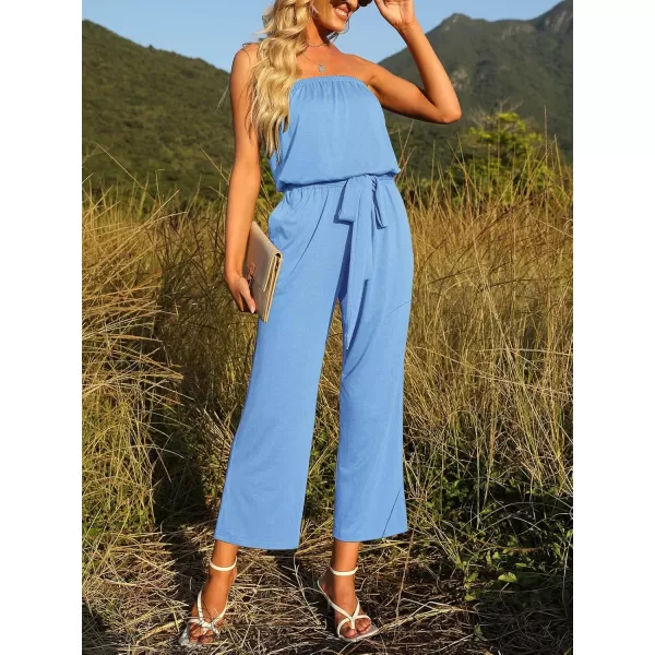 ZESICA Womens 2024 Casual Off Shoulder Solid Color Strapless Belted Wide Leg Jumpsuit RomperBlue