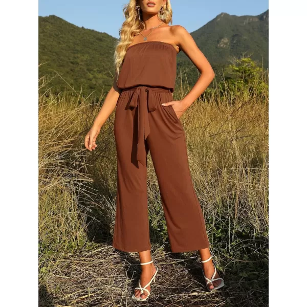ZESICA Womens 2024 Casual Off Shoulder Solid Color Strapless Belted Wide Leg Jumpsuit RomperCaramel
