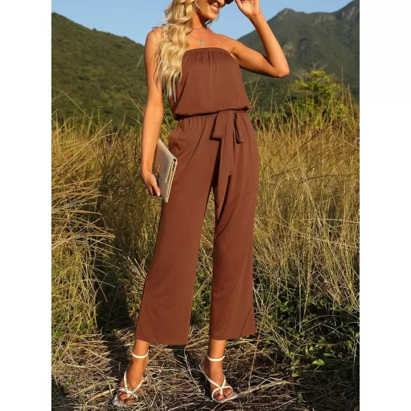 ZESICA Womens 2024 Casual Off Shoulder Solid Color Strapless Belted Wide Leg Jumpsuit RomperCaramel