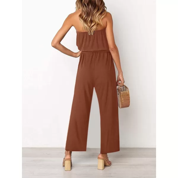 ZESICA Womens 2024 Casual Off Shoulder Solid Color Strapless Belted Wide Leg Jumpsuit RomperCaramel