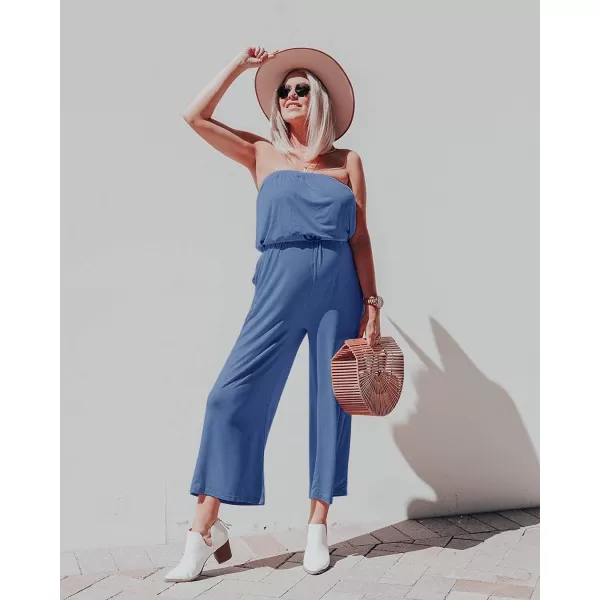 ZESICA Womens 2024 Casual Off Shoulder Solid Color Strapless Belted Wide Leg Jumpsuit RomperDustyblue