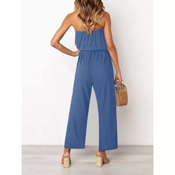 ZESICA Womens 2024 Casual Off Shoulder Solid Color Strapless Belted Wide Leg Jumpsuit RomperDustyblue