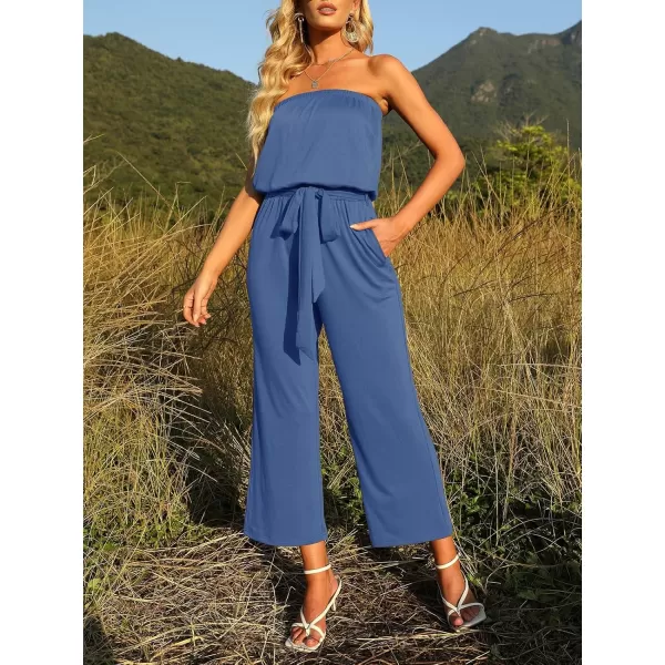 ZESICA Womens 2024 Casual Off Shoulder Solid Color Strapless Belted Wide Leg Jumpsuit RomperDustyblue