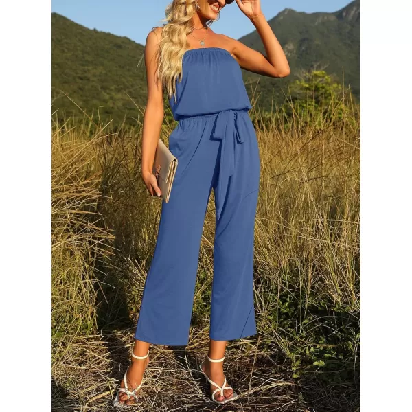 ZESICA Womens 2024 Casual Off Shoulder Solid Color Strapless Belted Wide Leg Jumpsuit RomperDustyblue
