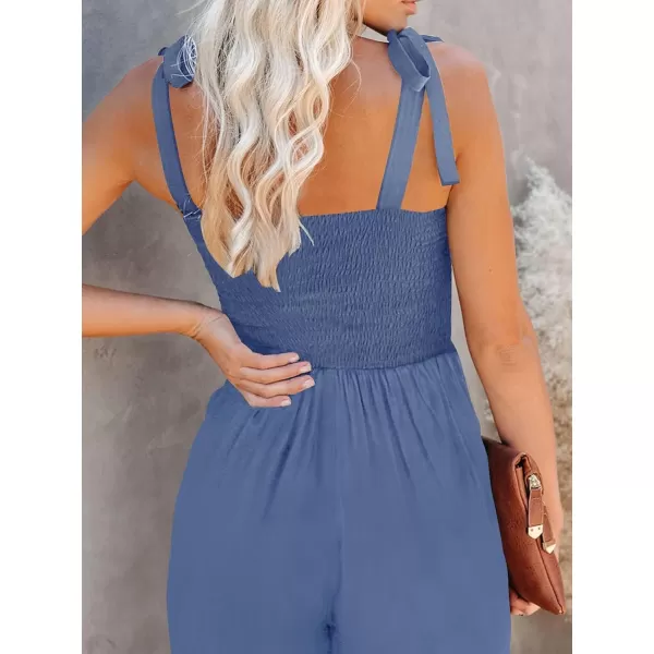 ZESICA Womens 2024 Casual Off Shoulder Solid Color Strapless Belted Wide Leg Jumpsuit RomperDustyblue