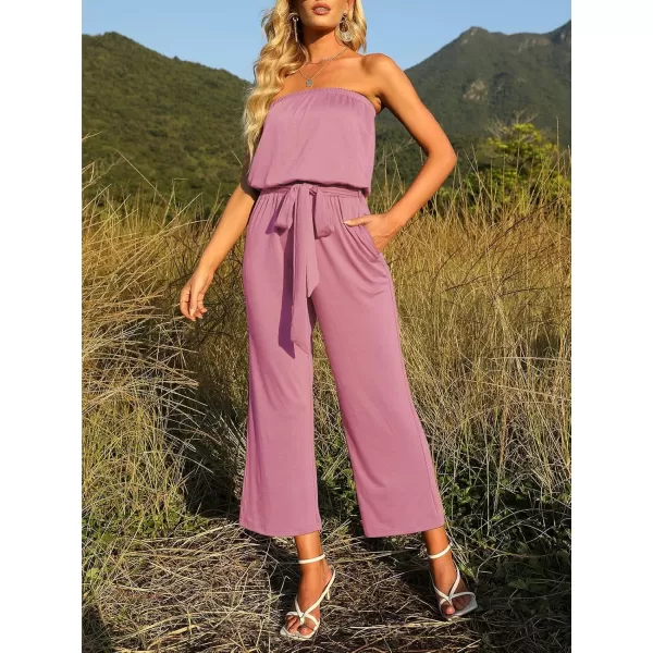 ZESICA Womens 2024 Casual Off Shoulder Solid Color Strapless Belted Wide Leg Jumpsuit RomperDustypink
