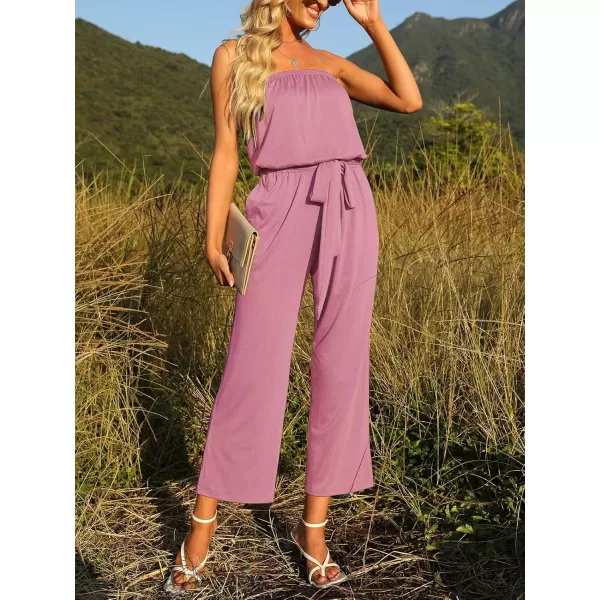 ZESICA Womens 2024 Casual Off Shoulder Solid Color Strapless Belted Wide Leg Jumpsuit RomperDustypink