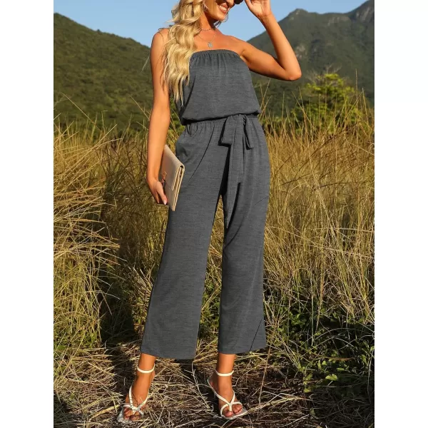 ZESICA Womens 2024 Casual Off Shoulder Solid Color Strapless Belted Wide Leg Jumpsuit RomperGrey