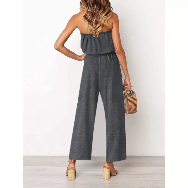 ZESICA Womens 2024 Casual Off Shoulder Solid Color Strapless Belted Wide Leg Jumpsuit RomperGrey