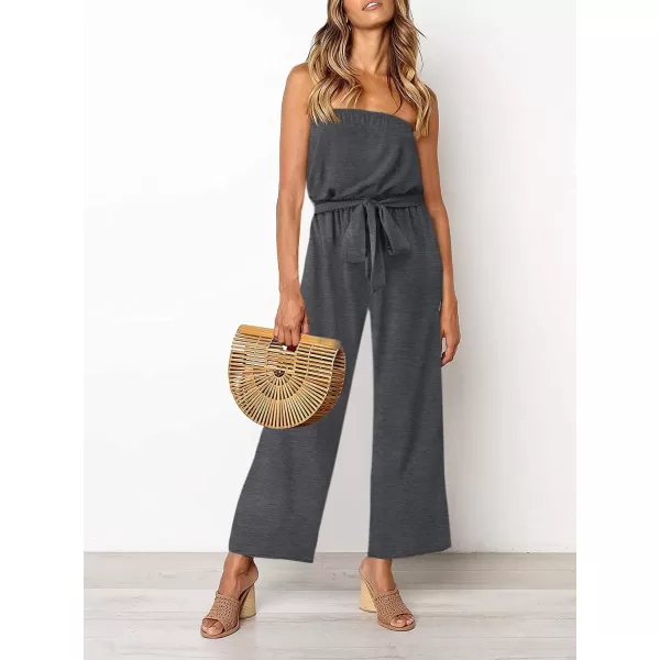 ZESICA Womens 2024 Casual Off Shoulder Solid Color Strapless Belted Wide Leg Jumpsuit RomperGrey