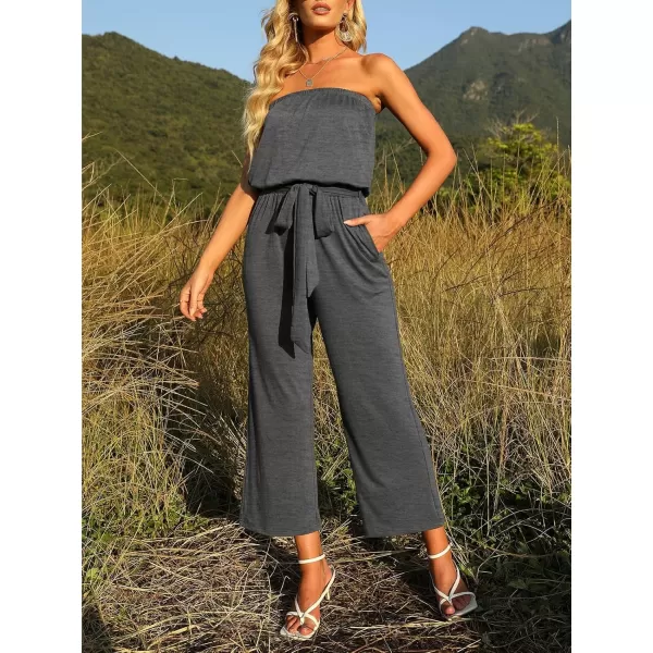 ZESICA Womens 2024 Casual Off Shoulder Solid Color Strapless Belted Wide Leg Jumpsuit RomperGrey