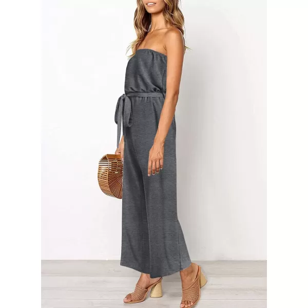 ZESICA Womens 2024 Casual Off Shoulder Solid Color Strapless Belted Wide Leg Jumpsuit RomperGrey