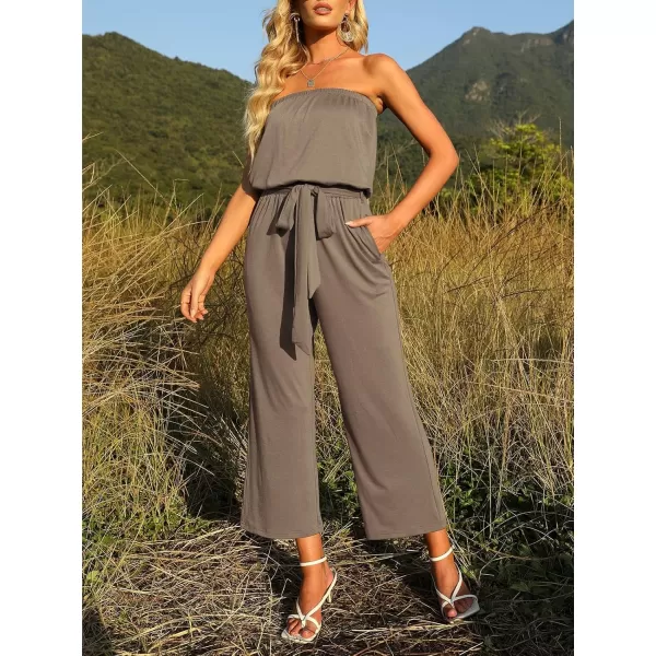 ZESICA Womens 2024 Casual Off Shoulder Solid Color Strapless Belted Wide Leg Jumpsuit RomperMocha